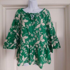 John Mark Kelly Green Floral Peasant Flowy Eyelet 3/4 Bell Sleeves Ruffle S